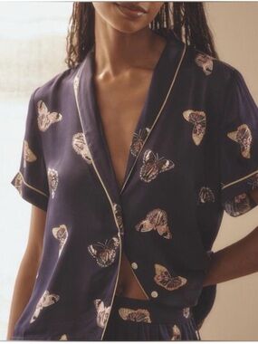 Anthropologie Navy Butterfly Print Silk-Look Pajama Top